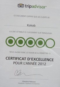 Kokob-Certificat d'excellence par TripAdvisor