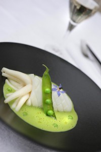 Seiche cuite +á basse temp+®rature, gaspacho de petit pois et menthe aux piments d'Espelette
